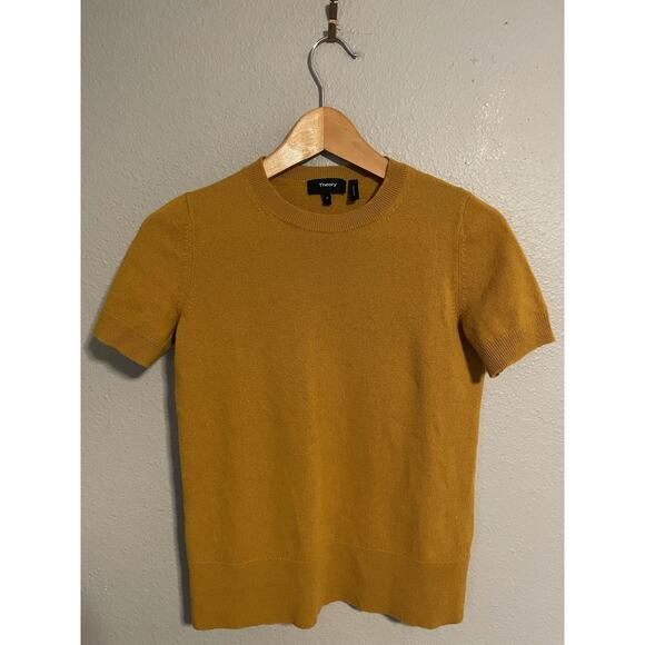 Theory Sweater Womens Petite Mustard Yellow Soft Cashmere Short Sleeve Pullover - Picture 1 of 7
